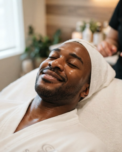 man relaxing with a head towel during a facial