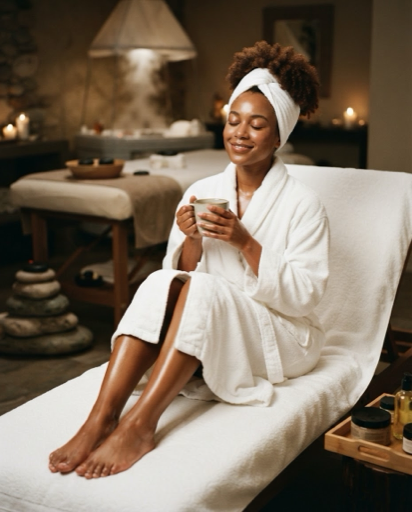 woman in a robe relaxing with a drink after a treatment