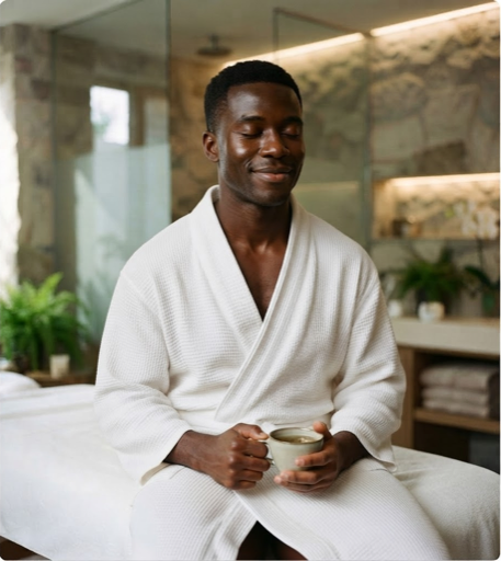 man in a robe relaxing with a drink after a treatment